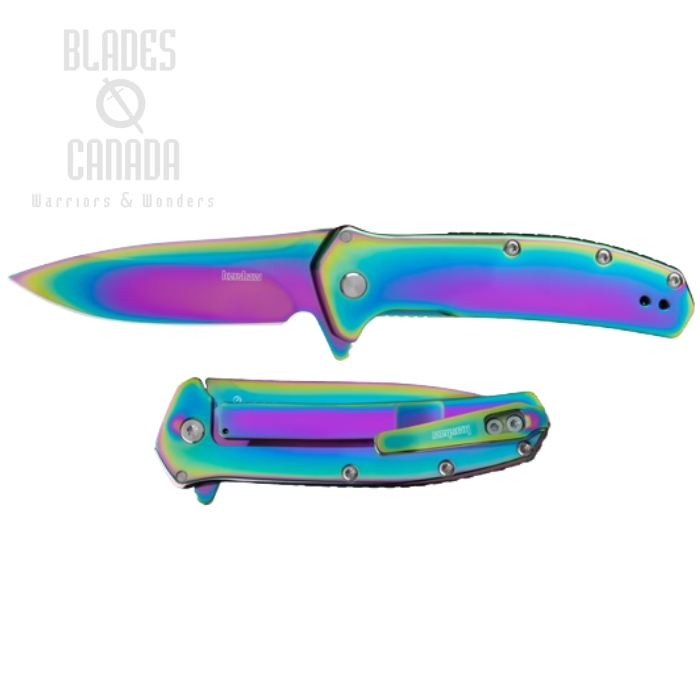 Kershaw Outcome Flipper Framelock Knife, Assisted Opening, Polished Rainbow Blade, Stainless Rainbow, KE-2044RBW