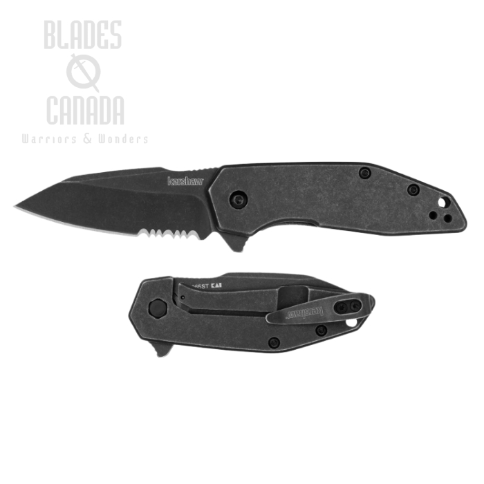 Kershaw Gravel Flipper Framelock Knife, Assisted Opening, Partially Serrated Black Blade, BlackWash Handle, KE-2065ST