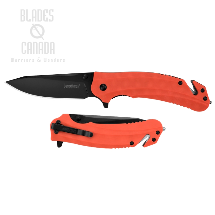 (image for) Kershaw Barricade Flipper Folding Rescue Knife, Assisted Opening, Black Blade, GFN Orange, Glass Breaker, 8650