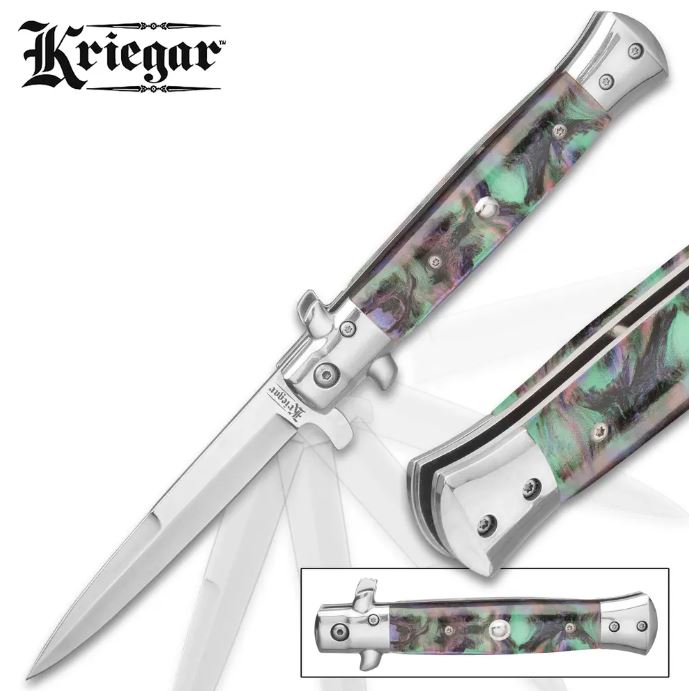 Kriegar Abalone Stiletto Style Folding Knife, Assisted Opening, KG242