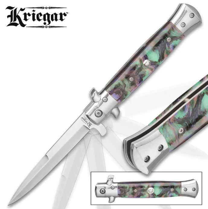 Kriegar Abalone Stiletto Style Folding Knife, Assisted Opening, KG242 - Click Image to Close