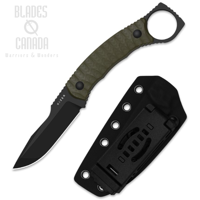 (image for) Kizer Billy Bones Fixed Blade Knife, AEB-L Black, G10 Olive, Kydex Sheath, 1115A1