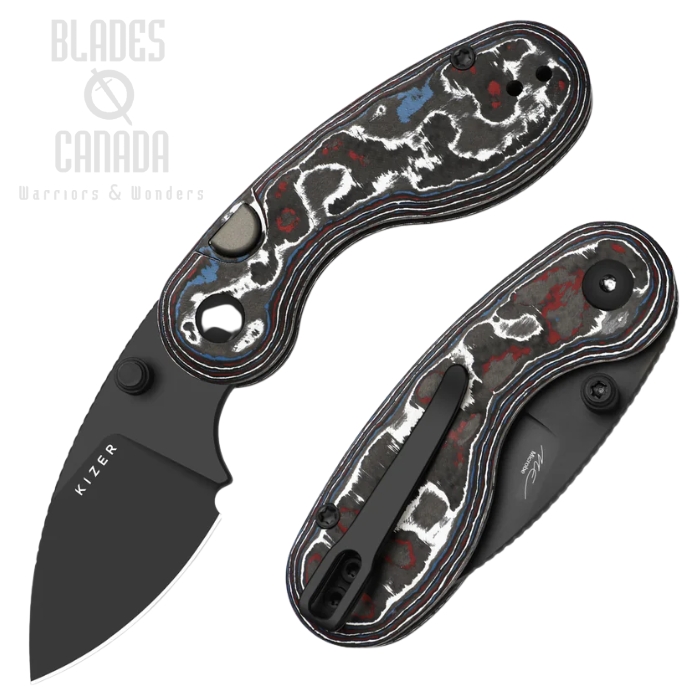 (image for) Kizer Microbe Button Lock Folding Knife, M390 Matt Black, Fat Carbon Fiber, KI2742A2