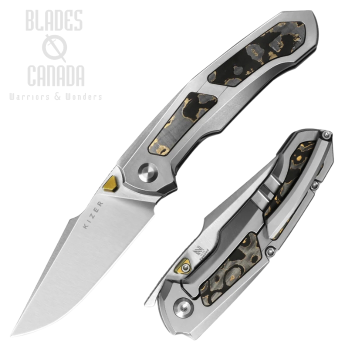 Kizer Feweed Framelock Folding Knife, Z-Wear PM, Titanium/Carvon Fiber Camo Gold, 3694A4 Kizer Feweed Framelock Folding Knife, Z-Wear PM, Titanium/Carvon Fiber Camo Gold, 3694A4