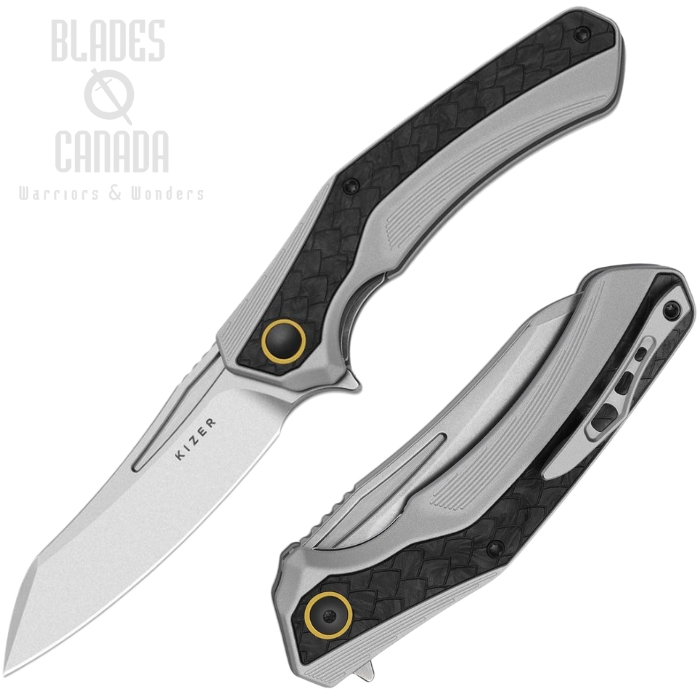 (image for) Kizer Draca Flipper Folding Knife, S45VN SW, Aluminum Grey/Carbon Fiber, 4751A1
