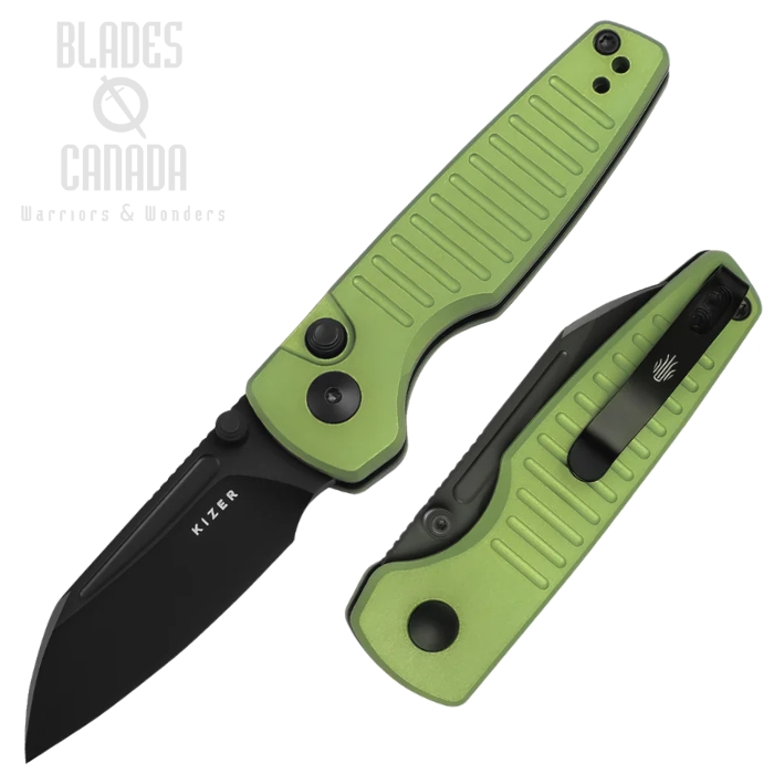 Kizer Parakeet Button/Liner Folding Knife, Nitro-V Black, Aluminum Green, V2706A5
