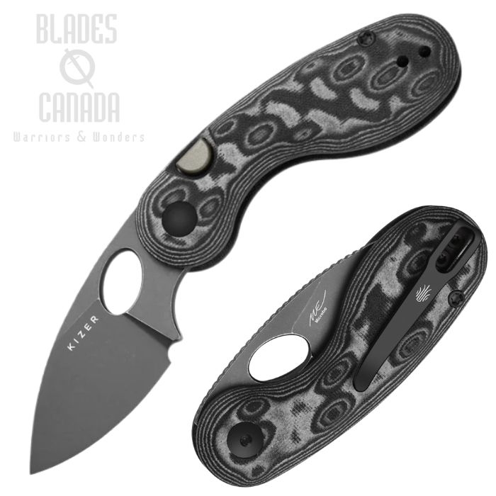 (image for) Kizer Microbe Button Lock Folding Knife, 14C28N Grey Stonewash, Micarta Vortex, V2742A5