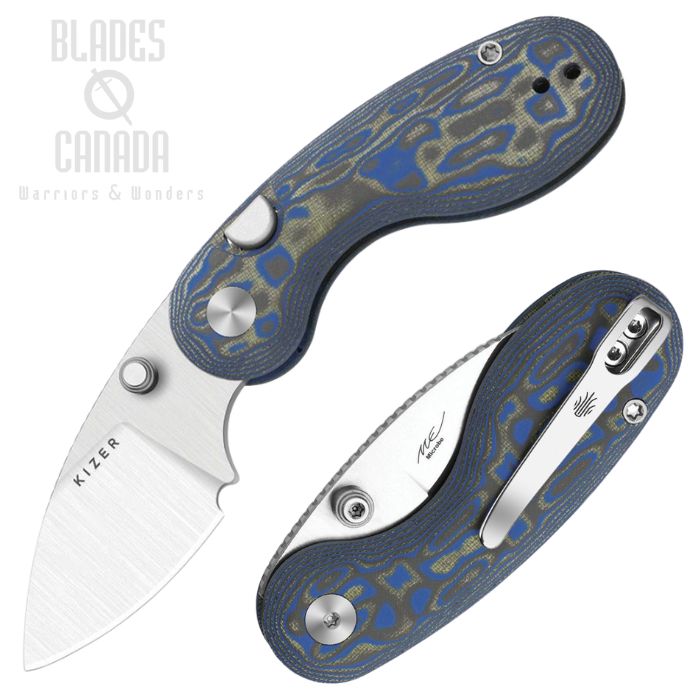 (image for) Kizer Microbe Button Lock Folding Knife, 14C28N Satin, Micarta Blue/Black Vortex, V2742A6