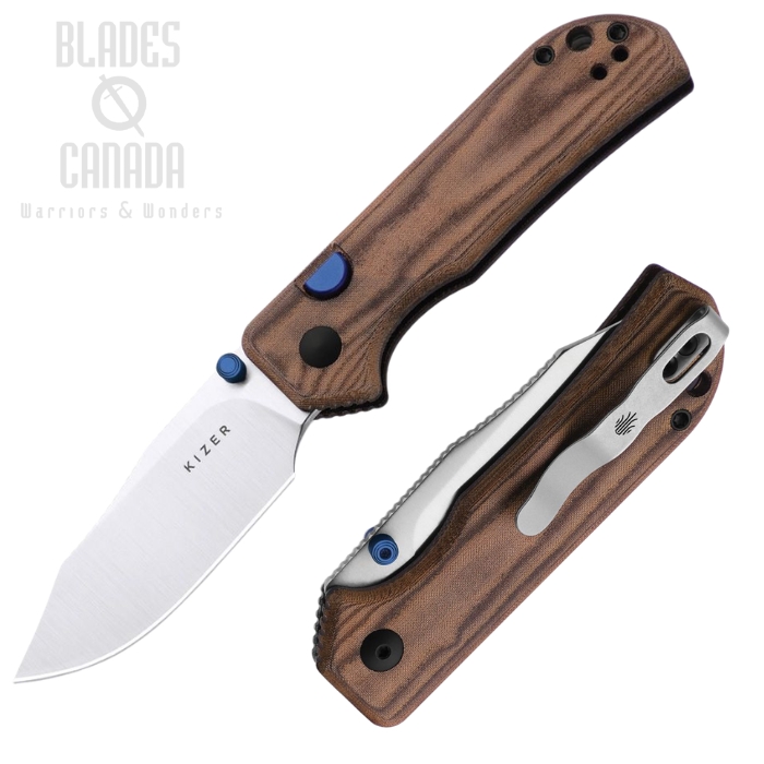 (image for) Kizer Nice Guy Button Lock Folding Knife, AEB-L Satin, Micarta UltreX Brow, V3011BCA1