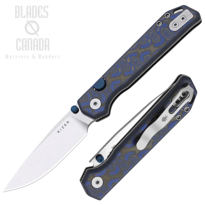 (image for) Kizer Begleiter 2.9 Button Lock Folding Knife, CTS-BD1 Satin, Micarta Blue/Black Vortex, V3458.2BDA1