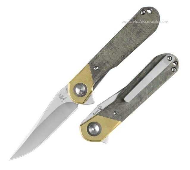 Kizer Comet Flipper Folding Knife, 154CM Satin, Micarta Green w/Brass Bolsters, V3614C1