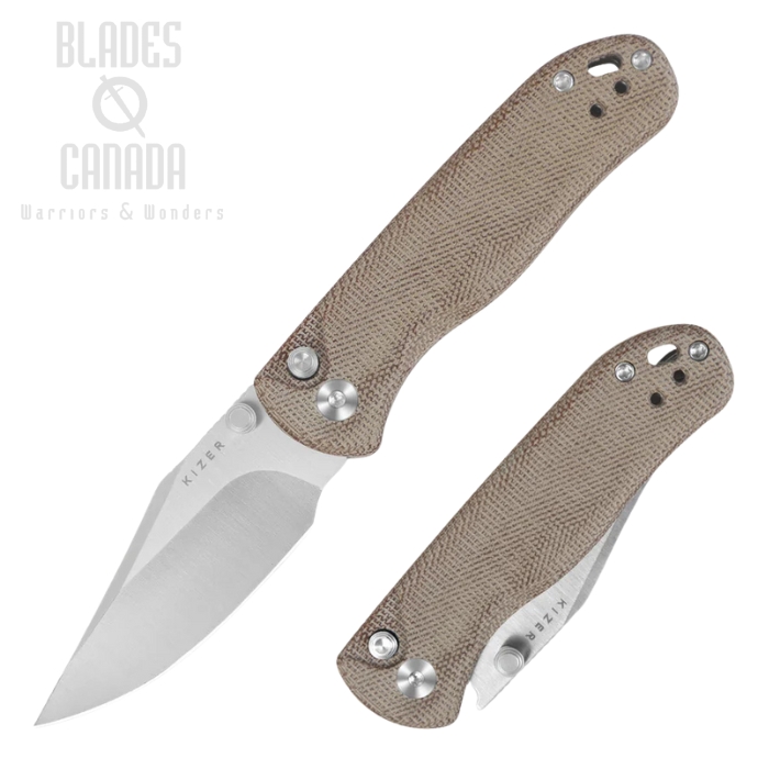 Kizer Drop Bear 2 Button Lock Folding Knife, Nitro-V Satin, Micarta Natural, V36192CC1