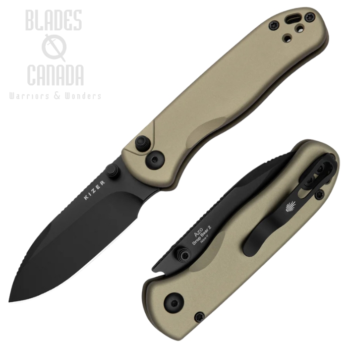 Kizer Drop Bear 2 Button/Liner Lock Folding Knife, Nitro-V Black, Aluminum Tan, V3619.2CD1 Kizer Drop Bear 2 Button/Liner Lock Folding Knife, Nitro-V Black, Aluminum Tan, V3619.2CD1