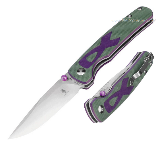 Kizer Fighter Folding Knife, 154CM SAtin, G10 Green w/Purple Breast Cancer Ribbon, V3633C1