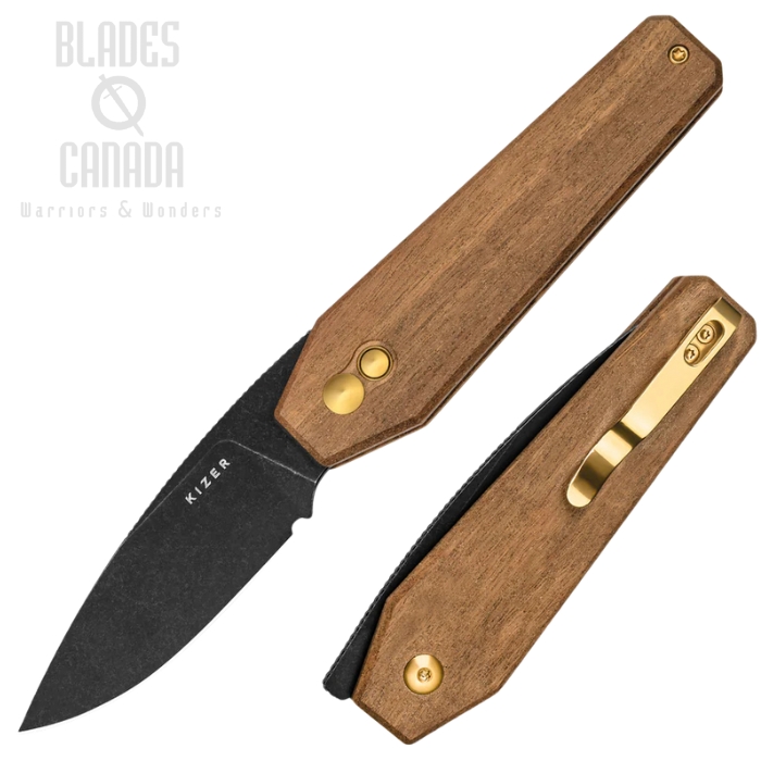 Kizer Tomb Button Lock Folding Knife, Nitro-V Black, Wood Handle, V3692A4