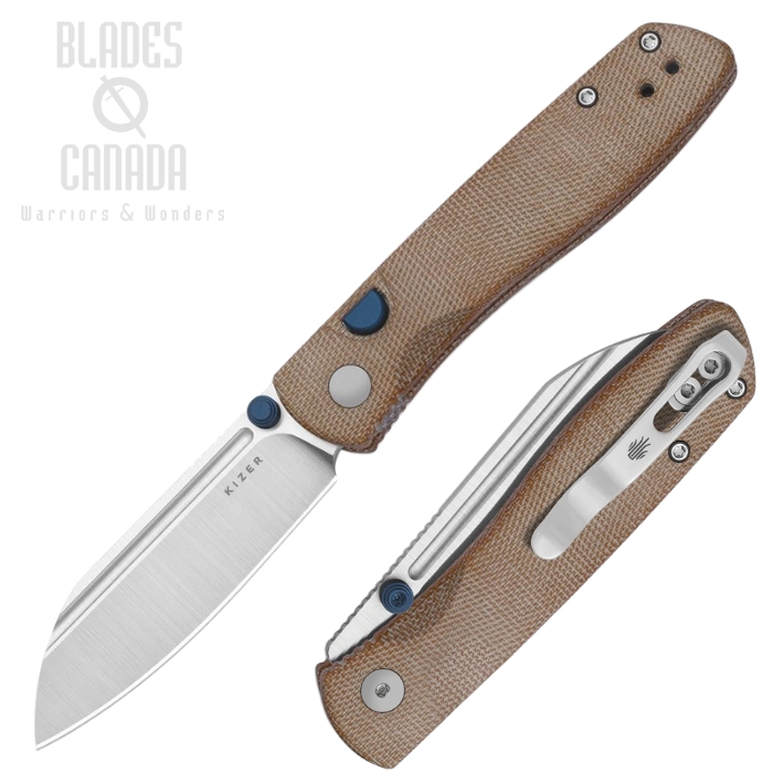 (image for) Kizer Renissance Button Lock Folding Knife, N690 Satin, Micarta Brown UltreX, V3698A2