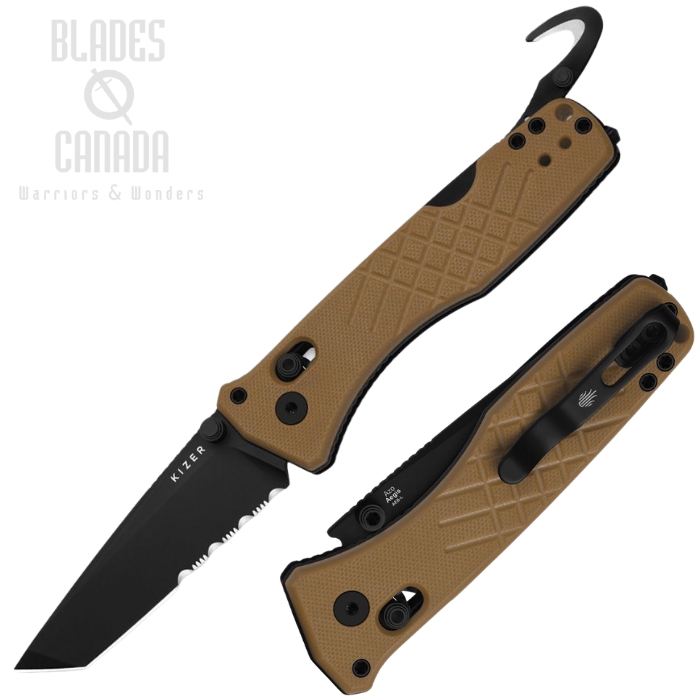 (image for) Kizer Aegis T Clutch Lock Folding Knife, AEB-L Black Partially Serrated, G10 Tan, V3774CTA3