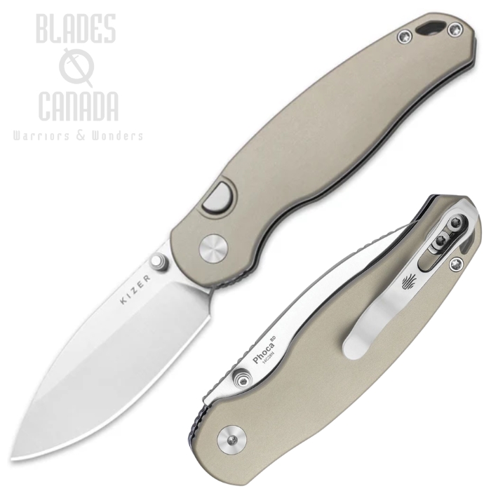 (image for) Kizer Phoca BD Button Lock Folding Knife, 14C28N Satin, Alumium Sand, KIV3781BDA2