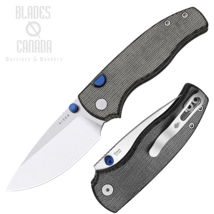 (image for) Kizer Glaux Button Lock Folding Knife, 14C28N Satin, Micarta UltreX Black, V3801A1