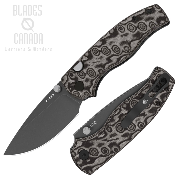 (image for) Kizer Glaux Button Lock Folding Knife, 14C28N Black, Micarta Vortex Black, V3801A2