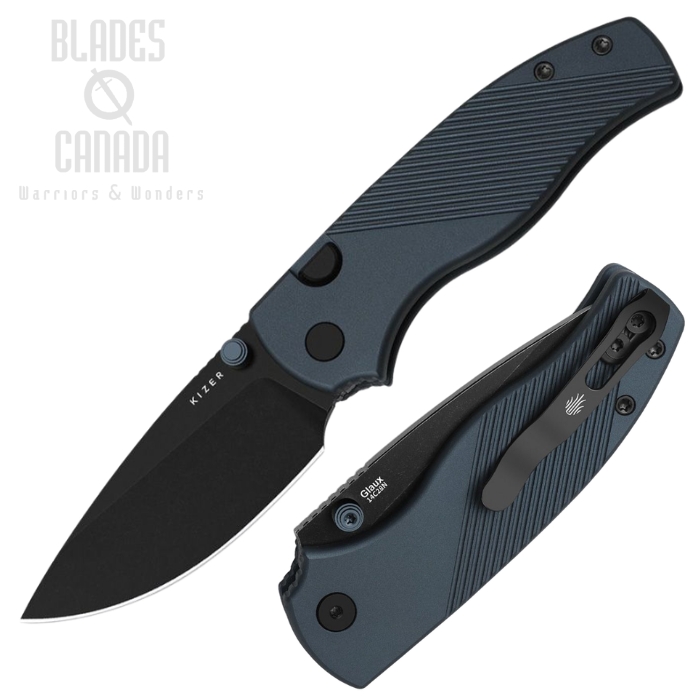 (image for) Kizer Glaux Button Lock Folding Knife, 14C28N Black, Aluminum Blue, V3801A3