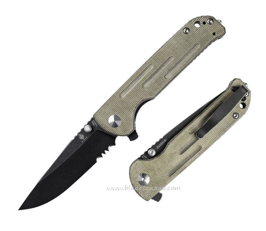 Kizer Justice Flipper Folding Knife, N690 Black Serrated, Micarta Green, V4543N4