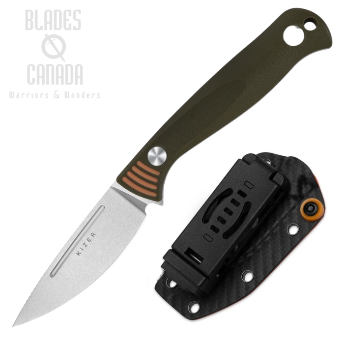 Kizer Evenki 1 Fixed Blade Knife, AEB-L SW, G10 Green/Orange, Kydex Sheath, 1097A1