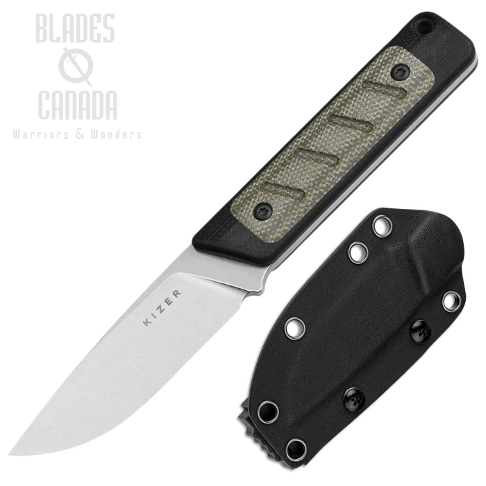 Kizer Smolt Fixed Blade Knife, 14C28N Satin, G10 Black/Micarta Green, Kydex Sheath, 1063A6