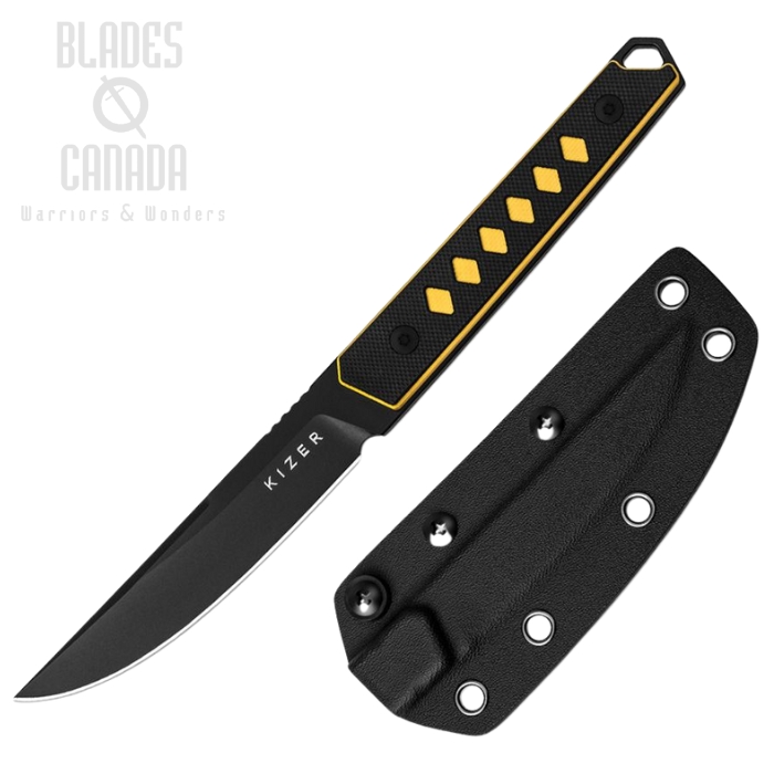 Kizer Kwaiken Fixed Blade Knife, Nitro-V Black, G10 Black/Yellow, Kydex Sheath, KI1066A3