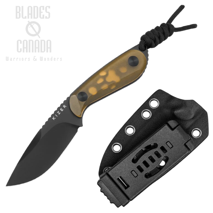 Kizeer Buddy Fixed Blade Knife, Nitro-V Black, PEI Amber, Kydex Sheath, 1081A1