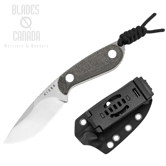 Kizer Buddy Fixed Blade Knife, 14C28N SW, Micarta Black, Kydex Sheath, 1081A8