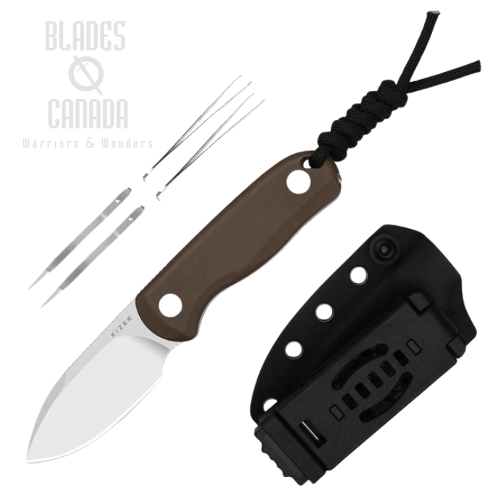 Kizer Drop Bear Fix Fixed Blade Knife, 14C28N Satin, Micarta Brown, Kydex Sheath, 1094A2