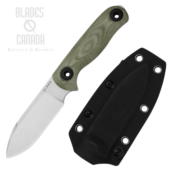 Kizer Drop Bear Fix 3 Fixed Blade Knife, 14C28N SW, Micarta Green, Kydex Sheath, 1101A2