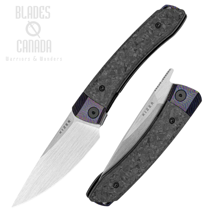 Kizer Mini MoMo Front Flipper Folding Knife, M390 Satin, Timascus/Marbled Carbon Fiber, 3663A4