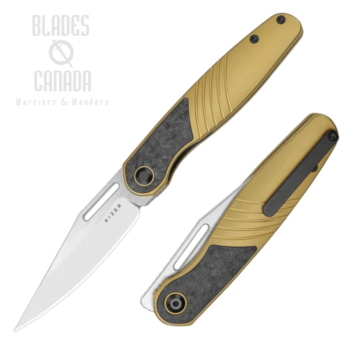 Kizer Raze Front Flipper Frame Lock Knife, S45VN Bubble SW, Titanium/CF Gold, 3720A3