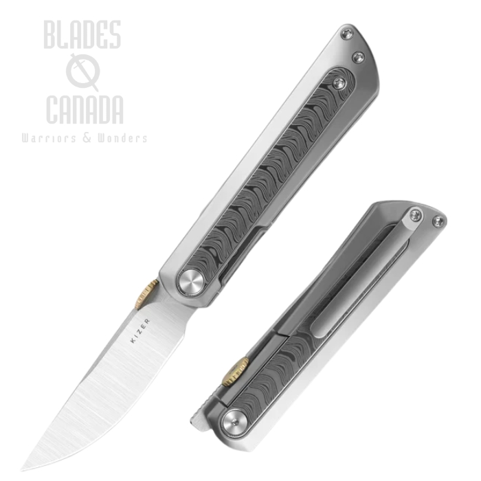 Kizer Quoll Frame Lock Folding Knife, S45VN Satin, Titanium/Damascus Silver, 3733A1