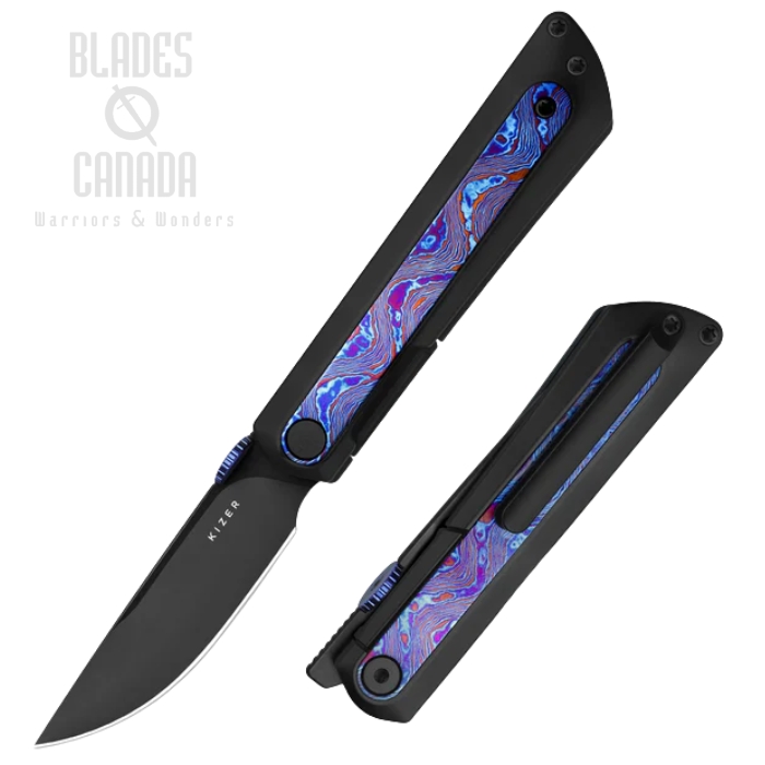 Kizer Quoll Frame Lock Folding Knife, S45VN Matte Black, Titanium Black/Damascus Purple, 3733A3