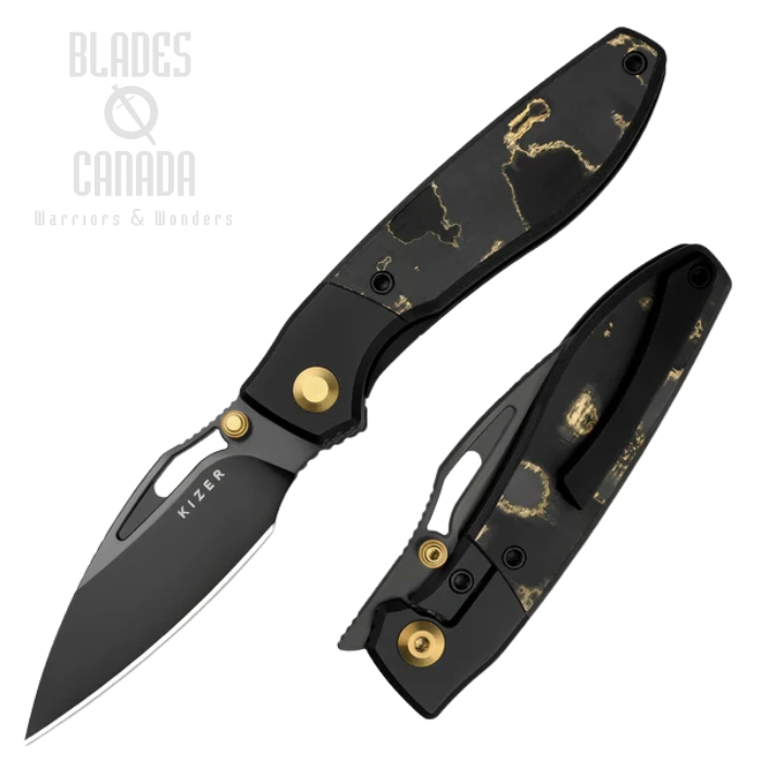 Kizer Shrike Front Flipper Frame Lock Knife, S45VN Matte Black, Titanium Black/Fat Carbon Gold, 3746A2