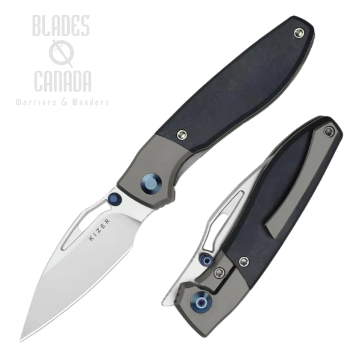 Kizer Shrike Front Flipper Frame Lock Knife, S45VN Stonewashed, Titanium/Richlite Blue, 3746A3