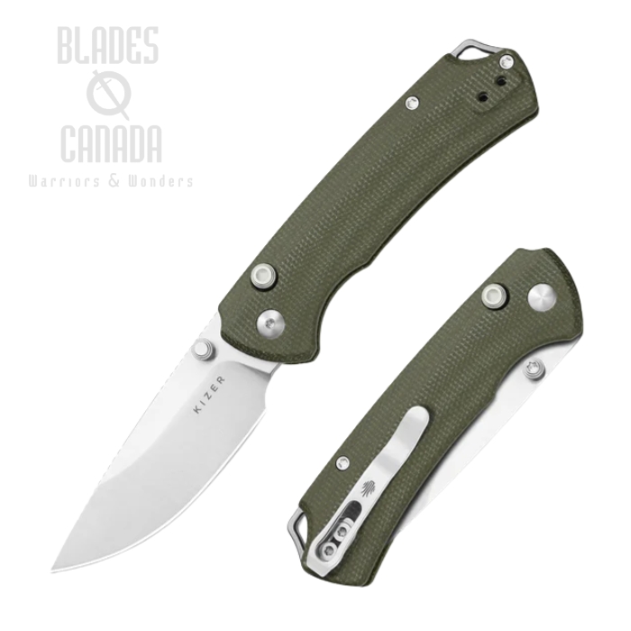 Kizer T1 BD Button Liner Lock Folding Knife, Nitro-V Satin, Micarta Olive Green, V3490.2BA1