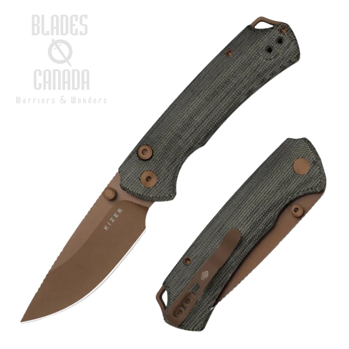 Kizer T1 BD Button Liner Lock Folding Knife, Nitro-V Sunset Metal, Micarta Gray, V3490.2BA2