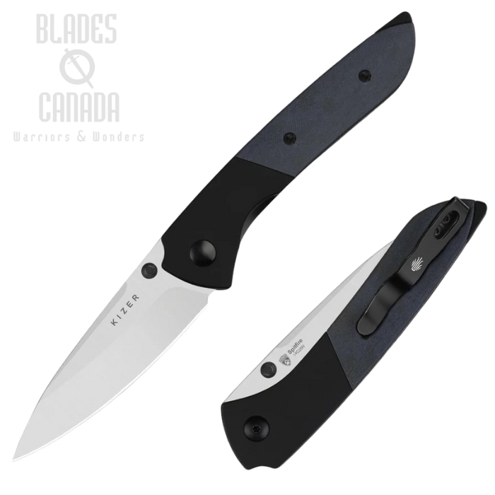 Kizer Spitfire Folding Knife, 14C28N Satin, Aluminum/Richlite Blue Canyon, V3690A2