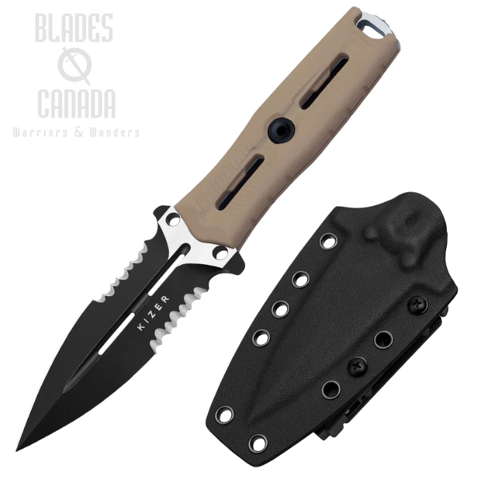 Kizer Norcros Fixed Blade Knife, Nitro-V Two-Tone Partially Serrated, G10 Tan, Kydex Sheath, ZXFB01A3