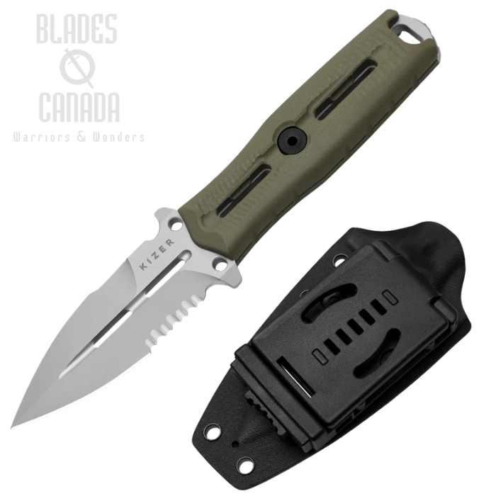 Kizer Norcros Fixed Blade Knife, Nitro-V SW Partially Serrated, G10 Olive, Kydex Sheath, ZXFB01A4