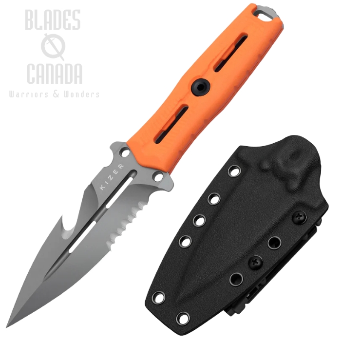 Kizer Norcros Fixed Blade Knife, Nitro-V Gray SW Partially Serrated, G10 Orange, Kydex Sheath, KIZXFB01A5