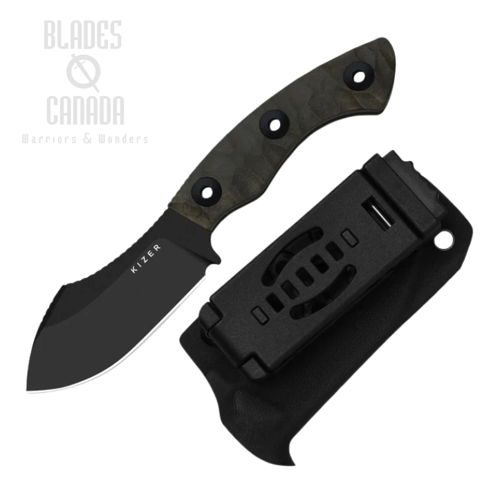 Kizer Rook Fixed Blade Knife, 10V Black, Richlite Gray, Kydex Sheath, 1090A1
