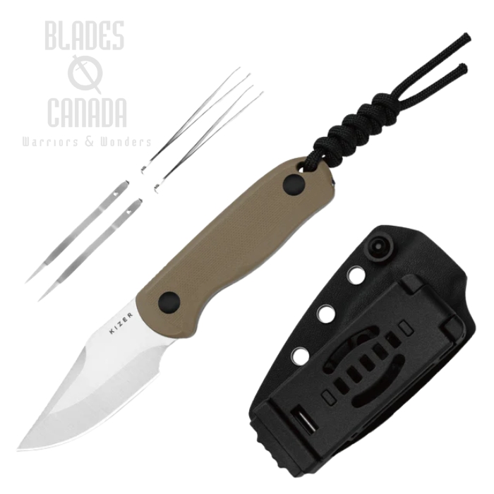 Kizer Drop Bear Fix Fixed Blade Knife, AEB-L Satin, G10 Tan, Kydex Sheath, 1092A2