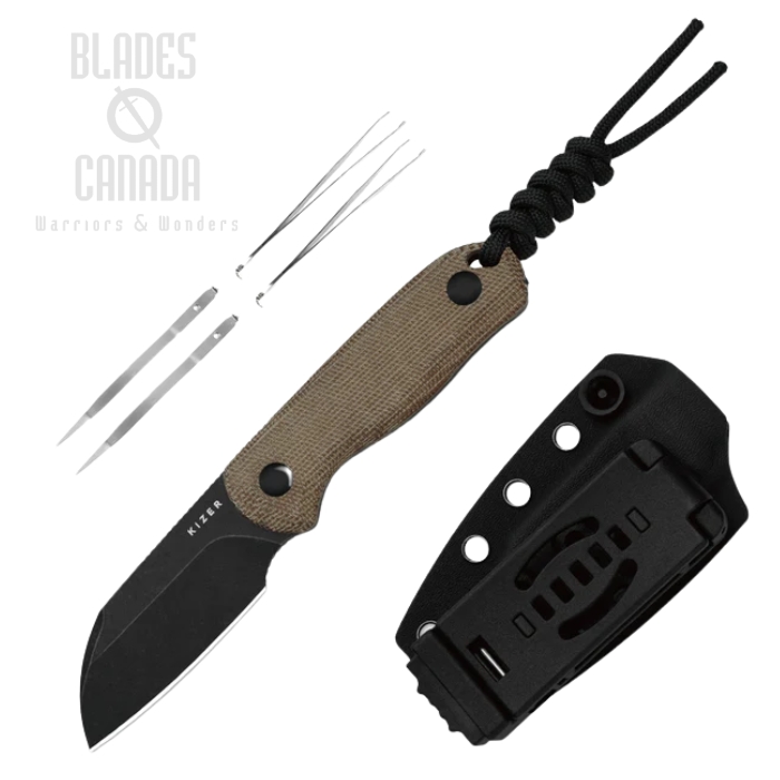 Kizer Drop Bear Fix Fixed Blade Knife, AEB-L Black SW, Micarta Brown, Kydex Sheath, 1093A2