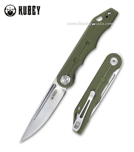 Kubey Mizo Flipper Folding Knife, 14C28N Satin, G10 Green, KU2101D