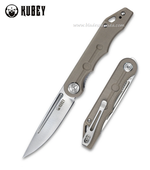 Kubey Mizo Flipper Folding Knife, 14C28N Satin, G10 Tan, KU2101E